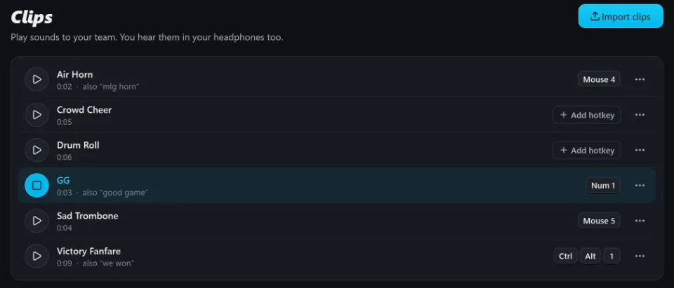 Giggle Pig clips list: Air Horn on Mouse 4, GG on Num 1 playing, Sad Trombone on Mouse 5 and Victory Fanfare on Ctrl + Alt + 1